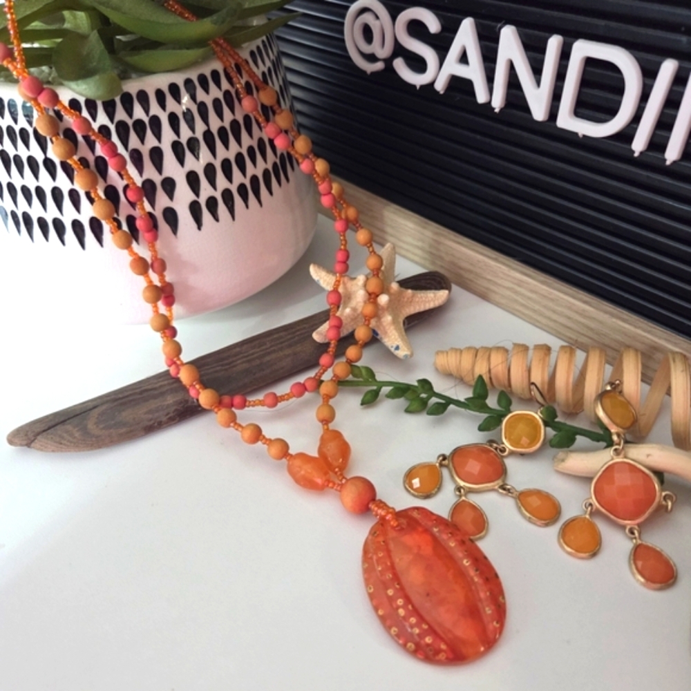 Chandelier Drop Earrings Coral Orange Yellow  2.5" Pierced, Necklace, Bracelet